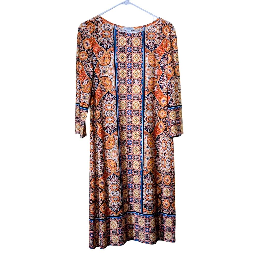 London Times Orange Blue Design 3/4 Sleeve Slip Over Head Dress Womens Size 10